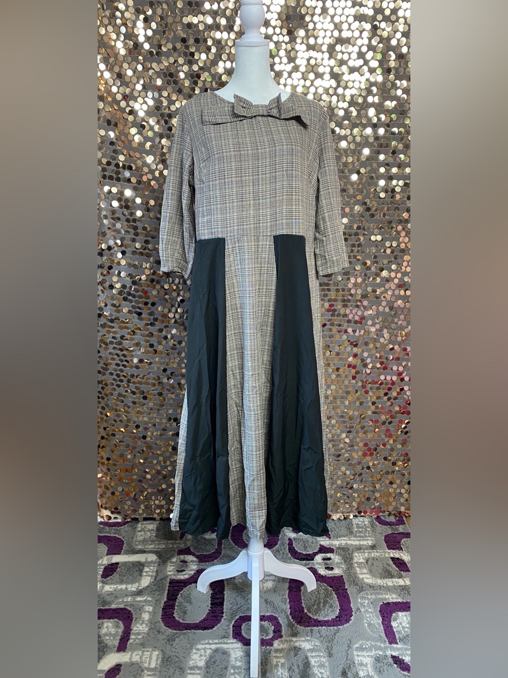 Plaid Midi Dress with Black Panel and Bow Detail #1610